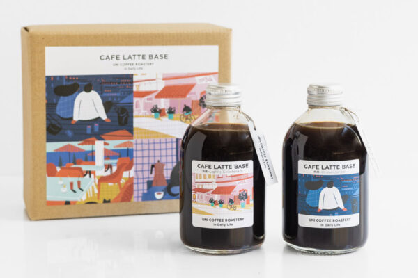コーヒーラテベースの無糖・微糖のパッケージデザインとギフト箱のセット